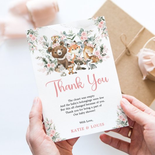 ピンクのフローラ森林動物緑の赤ちゃんシャワー サンキューカード