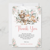ピンクのフローラ森林動物緑の赤ちゃんシャワー サンキューカード (正面)