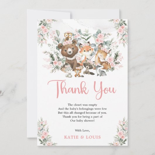 ピンクのフローラ森林動物緑の赤ちゃんシャワー サンキューカード (正面)