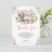 ピンクのフローラ森林動物緑の赤ちゃんシャワー サンキューカード (スタンド正面)