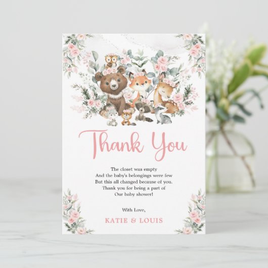 ピンクのフローラ森林動物緑の赤ちゃんシャワー サンキューカード (スタンド正面)