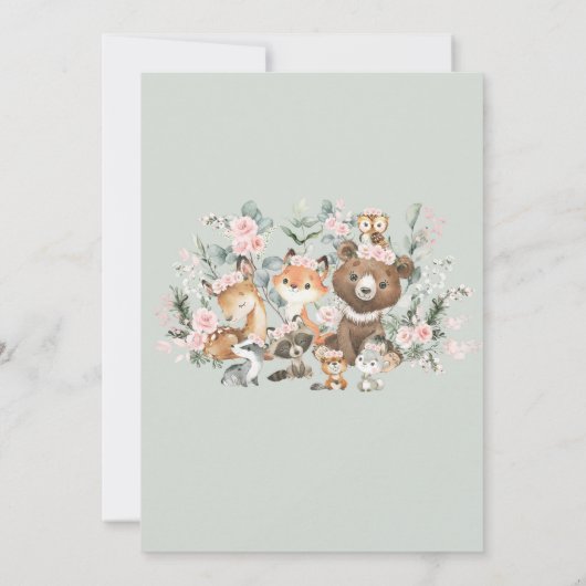 ピンクのフローラ森林動物緑の赤ちゃんシャワー サンキューカード (裏面)