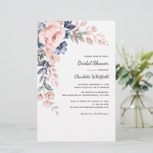 ピンクのフローラ植物性ブライダルシャワーの招待 (スタンド正面)
