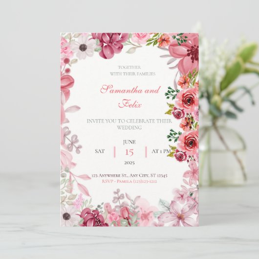 ピンクのフローラ水の色の国の結婚式招待状 招待状 (スタンド正面)