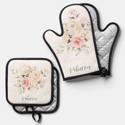 ピンクのフローラ水の色の緑のスクリプトのパーソナライズ 鍋つかみ&鍋敷きセット (正面/裏面)