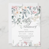 ピンクのフローラ水の色の緑のベビーシャワー 招待状 (正面)