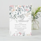 ピンクのフローラ水の色の緑のベビーシャワー 招待状 (スタンド正面)