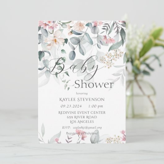 ピンクのフローラ水の色の緑のベビーシャワー 招待状 (スタンド正面)