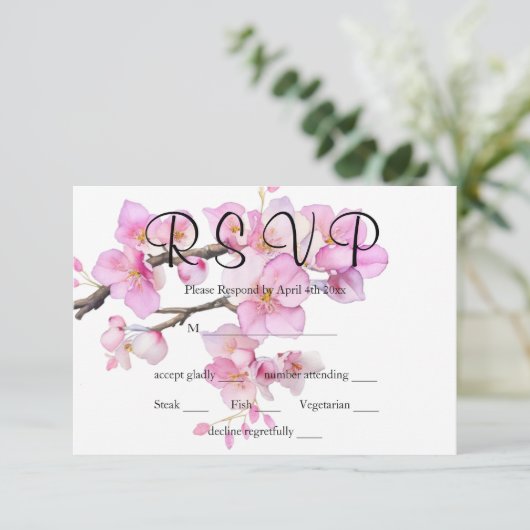 ピンクのフローラ水彩さくらんぼ花書 出欠カード (スタンド正面)