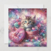 ピンクのフローラ水彩キッテンインボックスバレンタイン シーズンカード (正面)