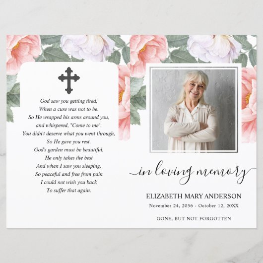 ピンクのフローラ水彩写真葬式フルプログラム (正面)