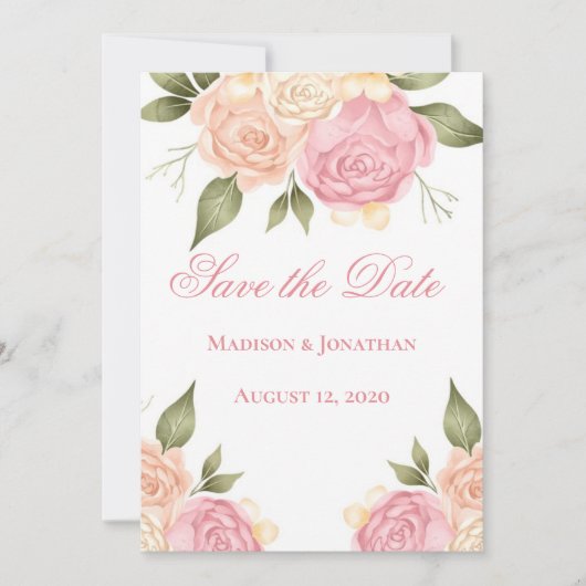 ピンクのフローラ水彩結婚式の日付を保存 セーブザデート (正面)