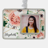 ピンクのフローラ水彩花フォトパーソナライズ シルバープレートフレームオーナメント (正面)