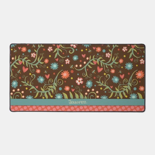 ピンクのフローラ水玉模様パターンBoho名引用文 デスクマット (正面)