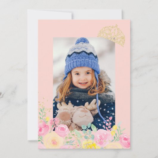 ピンクのフローラ水色の写真ティアラ王女パーティー 招待状 (裏面)