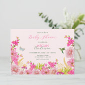 ピンクのフローラ水色の熱帯鳥の赤ちゃんシャワー 招待状 (スタンド正面)