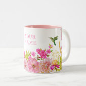 ピンクのフローラ水色の熱帯鳥名前をカスタムする ツートーンマグカップ (正面右)