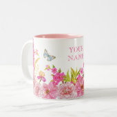ピンクのフローラ水色の熱帯鳥名前をカスタムする ツートーンマグカップ (正面左)