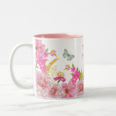 ピンクのフローラ水色の熱帯鳥名前をカスタムする ツートーンマグカップ (左)