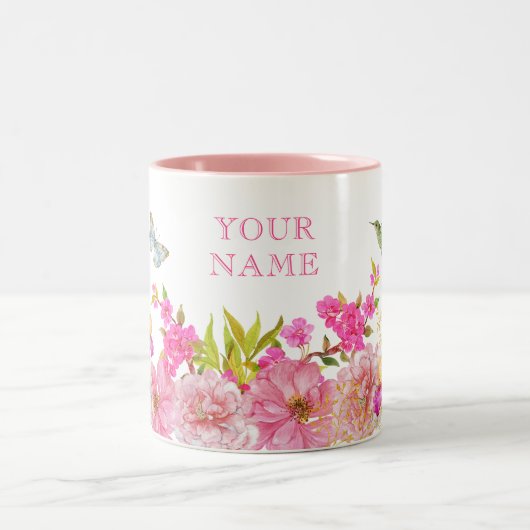 ピンクのフローラ水色の熱帯鳥名前をカスタムする ツートーンマグカップ (中央)