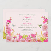 ピンクのフローラ水色の熱帯鳥結婚の 招待状 (正面/裏面)
