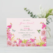 ピンクのフローラ水色の熱帯鳥 招待状 (スタンド正面)