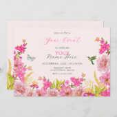 ピンクのフローラ水色の熱帯鳥 招待状 (正面/裏面)