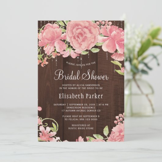 ピンクのフローラ水色の素朴な木材ブライダルシャワー 招待状 (スタンド正面)