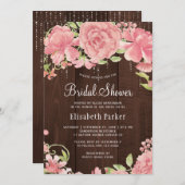 ピンクのフローラ水色の素朴な木材ブライダルシャワー 招待状 (正面/裏面)