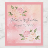 ピンクのフローラ水色の結婚スクリプト ワインラベル (シングルラベル)