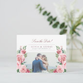 ピンクのフローラ水色の結婚式の日付を保存 案内ポストカード (スタンド正面)