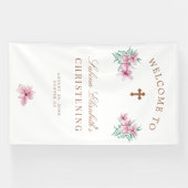 ピンクのフローラ水色の《キリスト教》洗礼式や命名式歓迎サイン 横断幕 (横)