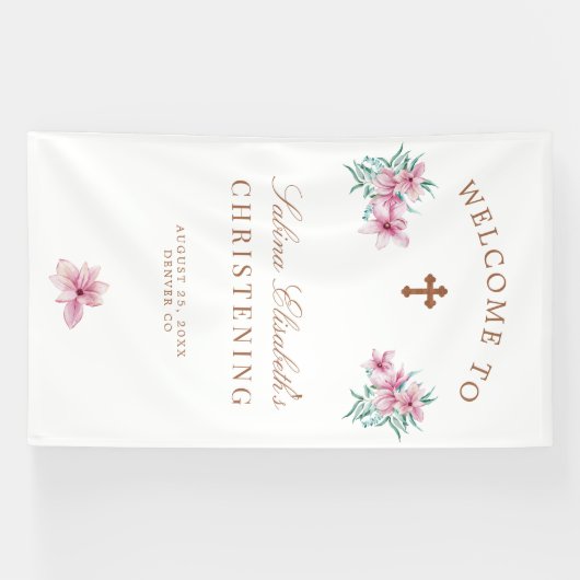 ピンクのフローラ水色の《キリスト教》洗礼式や命名式歓迎サイン 横断幕 (横)