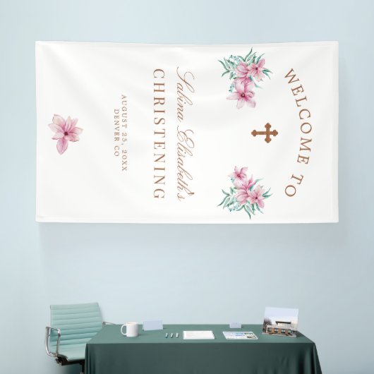 ピンクのフローラ水色の《キリスト教》洗礼式や命名式歓迎サイン 横断幕 (トレードショー)