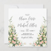 ピンクのフローラ水色エレガントスクリプト招待状 (正面)