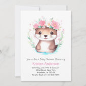 ピンクのフローラ水色オッターガールベビーシャワー 招待状 (正面)