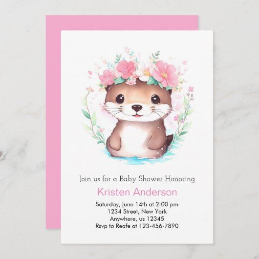 ピンクのフローラ水色オッターガールベビーシャワー 招待状 (正面/裏面)