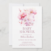 ピンクのフローラ水色ガールベビーシャワー 招待状 (正面)