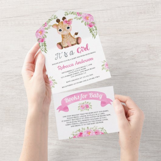 ピンクのフローラ水色キリン赤ちゃんシャワー オールインワン招待状 (貼ってはがせる)