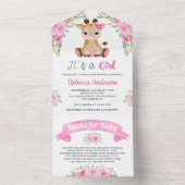 ピンクのフローラ水色キリン赤ちゃんシャワー オールインワン招待状 (内側)