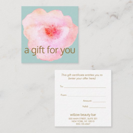 ピンクのフローラ水色ギフト証明書 スクエア名刺 (正面/裏面)