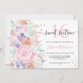 ピンクのフローラ水色グリッター甘い16写真 招待状 (正面)