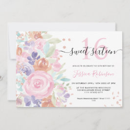 ピンクのフローラ水色グリッター甘い16写真 招待状