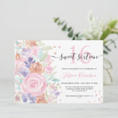 ピンクのフローラ水色グリッター甘い16写真 招待状 (スタンド正面)