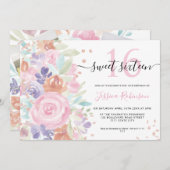 ピンクのフローラ水色グリッター甘い16写真 招待状 (正面/裏面)