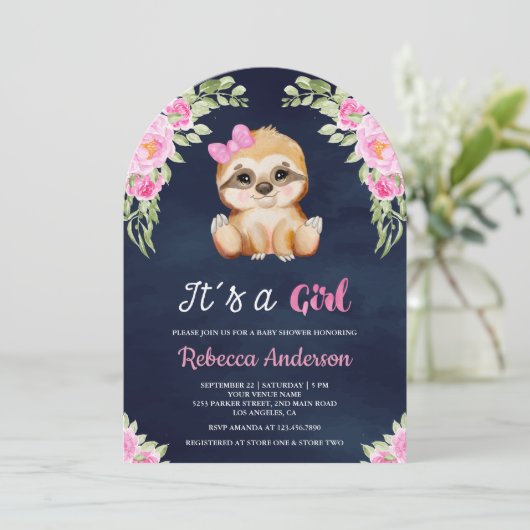 ピンクのフローラ水色スロートアーチネイビーベイビーシャワー 招待状 (スタンド正面)