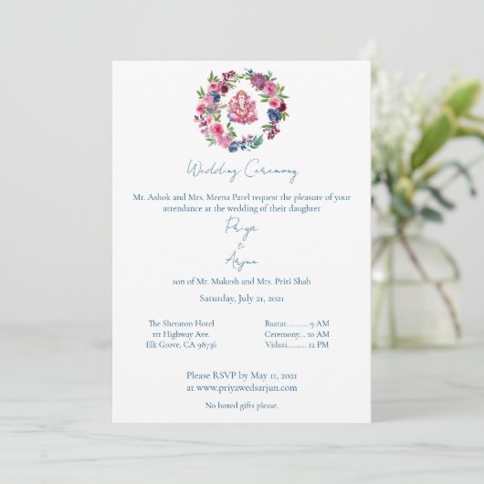 ピンクのフローラ水色ヒンドゥー結婚ゲネシュ 招待状 (スタンド正面)