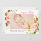 ピンクのフローラ水色ベビーガールフォト誕生 案内状 (正面)