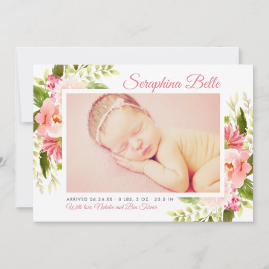 ピンクのフローラ水色ベビーガールフォト誕生 案内状 (正面)