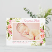ピンクのフローラ水色ベビーガールフォト誕生 案内状 (スタンド正面)